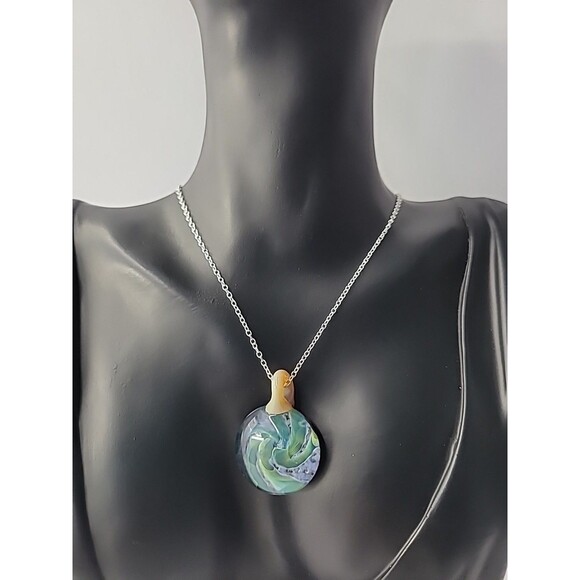 Vintage Handcrafted Art Glass Pendant Necklace Swirl Design in Blue Green Aqua - Picture 1 of 14